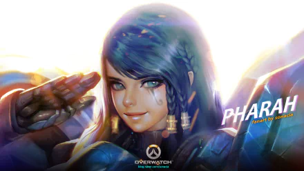 HD PC desktop wallpaper of Pharah (Overwatch): close-up of the video game hero in blue armor and braid, smiling and saluting with Overwatch logo at the bottom.