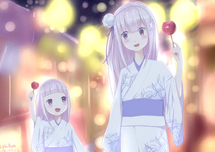 HD wallpaper of two young anime characters from Re:Zero - Starting Life in Another World, wearing traditional kimonos with soft, glowing background lights.