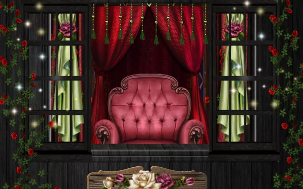 Artistic HD desktop wallpaper featuring a plush pink chair framed by rich red curtains, with pink and red roses climbing around window panes.