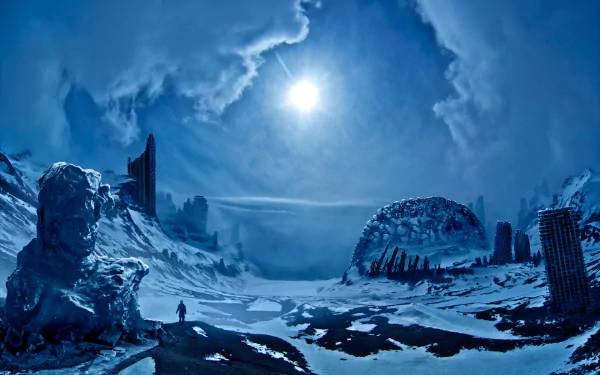 A post-apocalyptic winter landscape with ruined skyscrapers under a bright sun and dramatic sky, captured in a comic-style HD desktop wallpaper from Romantically Apocalyptic.