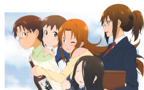 Anime Working!! group portrait with five smiling cafe staff in uniforms and casual wear - vibrant 4K Ultra HD PC desktop wallpaper/background.