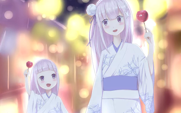 HD wallpaper of two young anime characters from Re:Zero - Starting Life in Another World, wearing traditional kimonos with soft, glowing background lights.