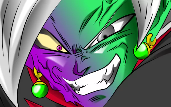 HD desktop wallpaper featuring Zamasu from Dragon Ball Super. The character's face shows a mixed purple and green complexion with a fierce expression, capturing the intensity of the anime.