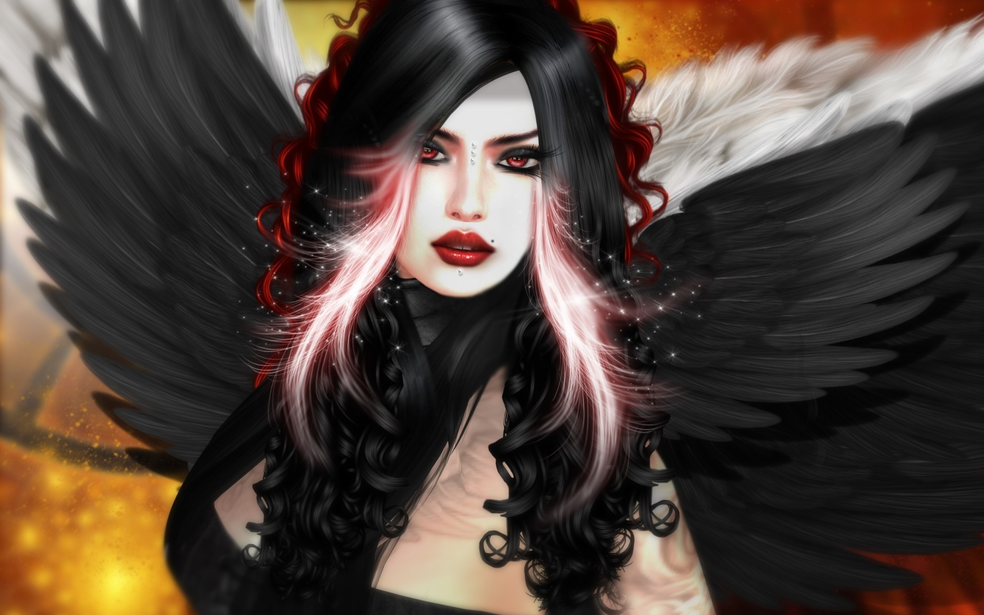 Download Red Eyes Lipstick Black Hair Wings Fantasy Angel HD Wallpaper