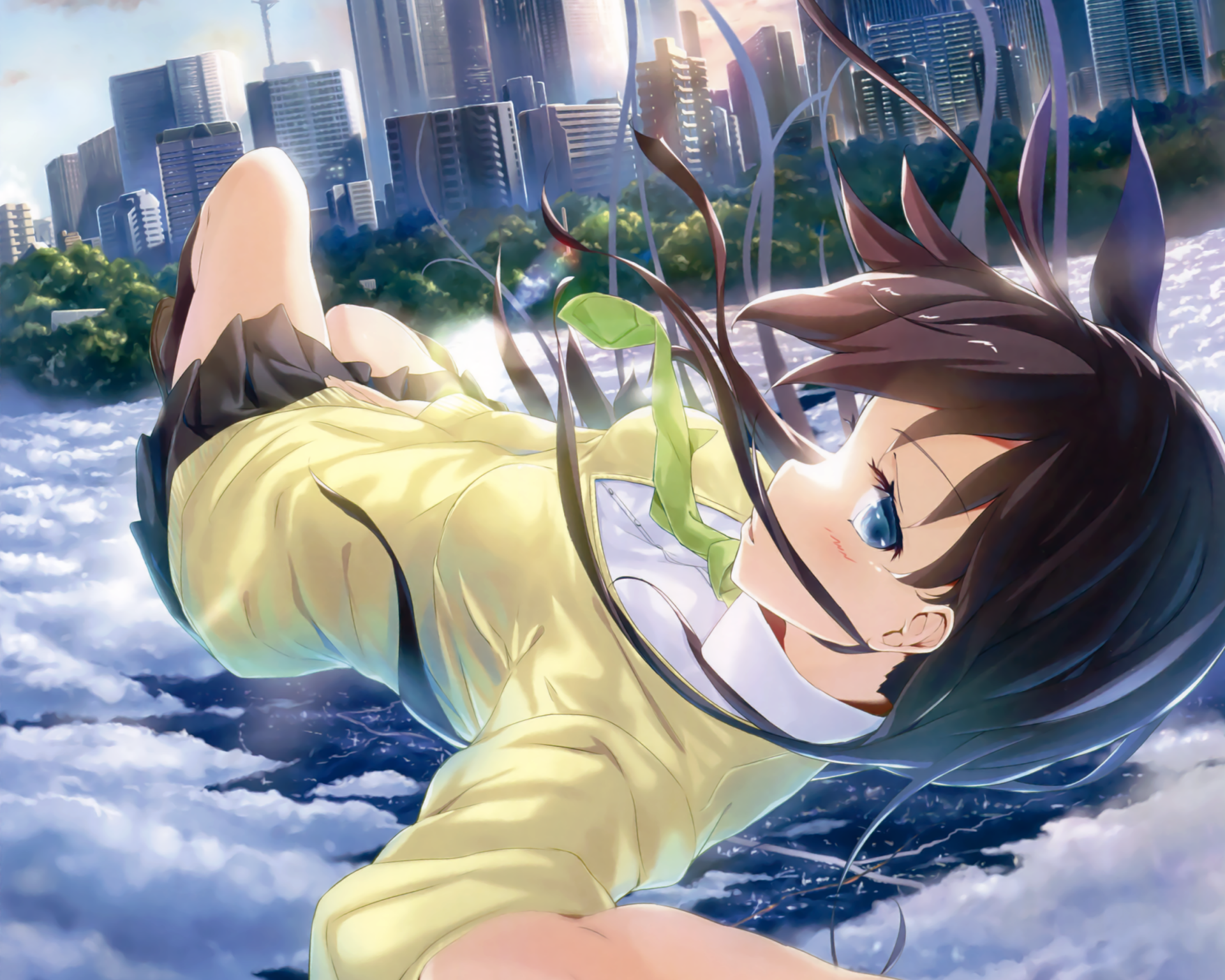 Anime-styled artwork featuring a girl with dark hair and blue eyes in a yellow outfit, set against a background of fluffy clouds and a city skyline. HD desktop wallpaper and background.