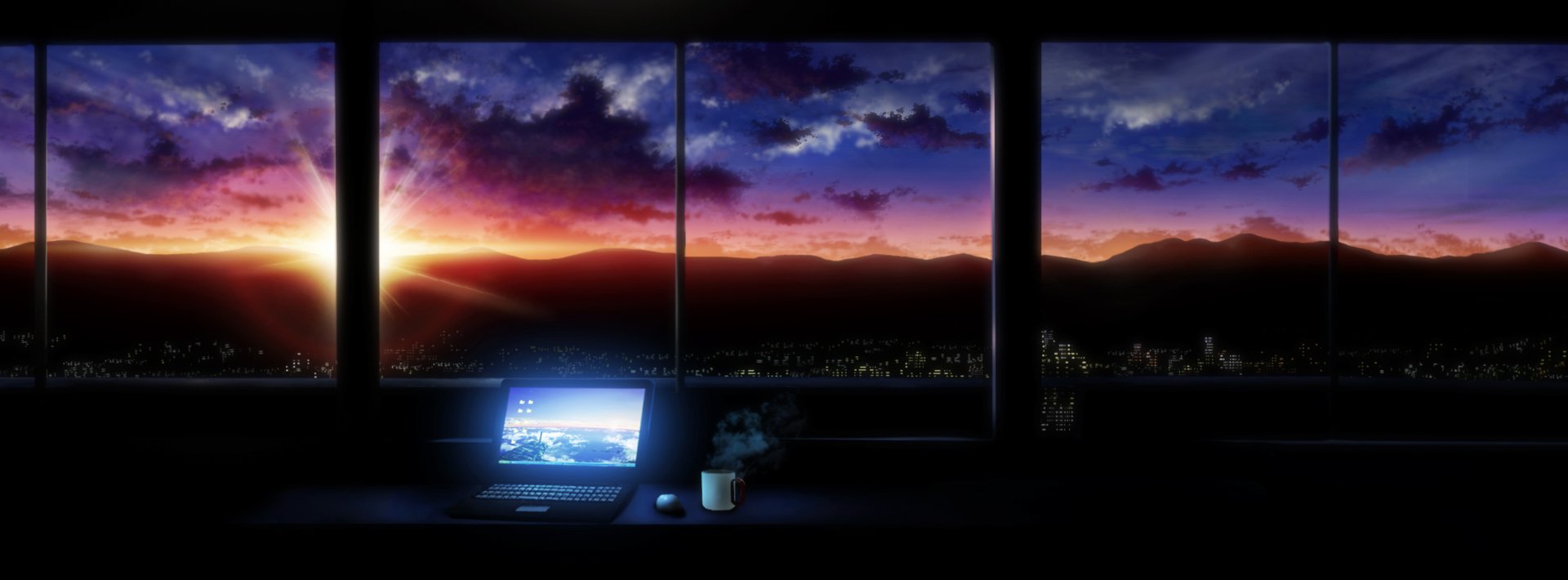 HD desktop wallpaper featuring an original anime-style artwork of a serene nightscape through large windows, with a glowing laptop and steaming mug on a desk.