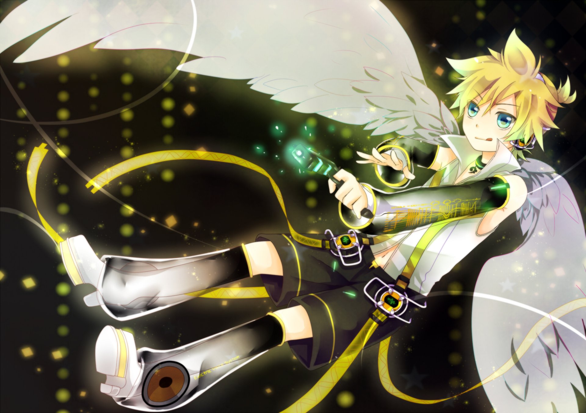 HD PC desktop wallpaper of Len Kagamine (Anime Vocaloid) as an angelic figure floating amid glowing green-yellow lights.