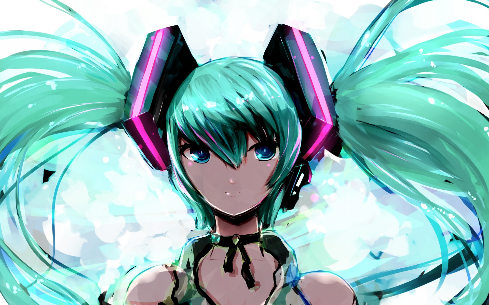 HD PC desktop wallpaper of Hatsune Miku (Vocaloid) — anime-style portrait with teal twin-tails, glowing magenta headphones and piercing teal eyes against a bright, abstract background.