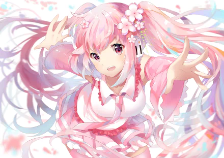 HD anime desktop wallpaper featuring Sakura Miku from Vocaloid with flowing pink hair and cherry blossom accents in a vibrant, detailed art style.