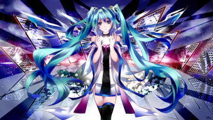 Hatsune Miku (Vocaloid) with flowing teal twin-tails and futuristic outfit amid neon geometric cityscape and floating screens — vibrant anime HD PC desktop wallpaper background.
