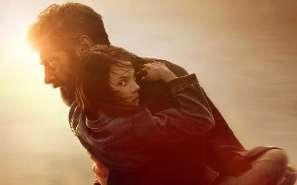 HD desktop wallpaper featuring Hugh Jackman as Wolverine (Logan) holding Dafne Keen as Laura Kinney from the movie Logan, enveloped in a warm, golden light.