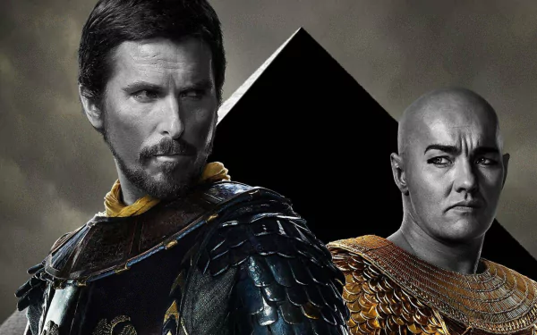 HD desktop wallpaper featuring Joel Edgerton and Christian Bale in character from the movie Exodus: Gods and Kings, set against a dramatic, dark background.