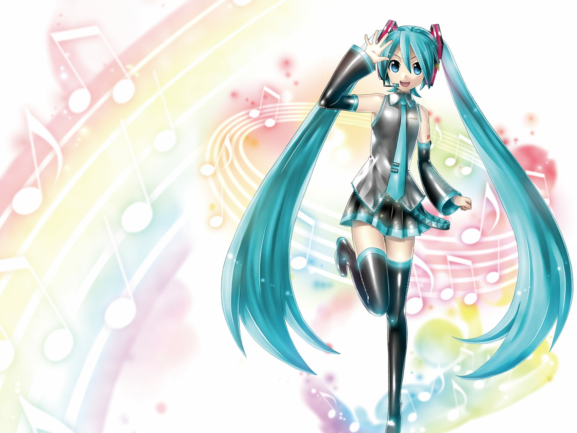 HD anime desktop wallpaper featuring Hatsune Miku, the iconic Vocaloid, with vibrant colors and musical notes in the background.