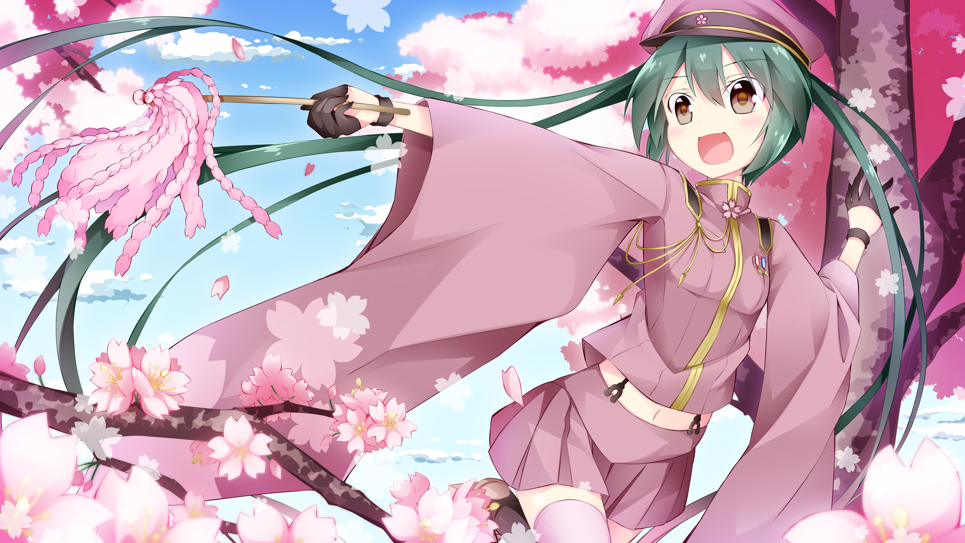 HD anime desktop wallpaper featuring Hatsune Miku from Vocaloid, surrounded by cherry blossoms under a bright blue sky.