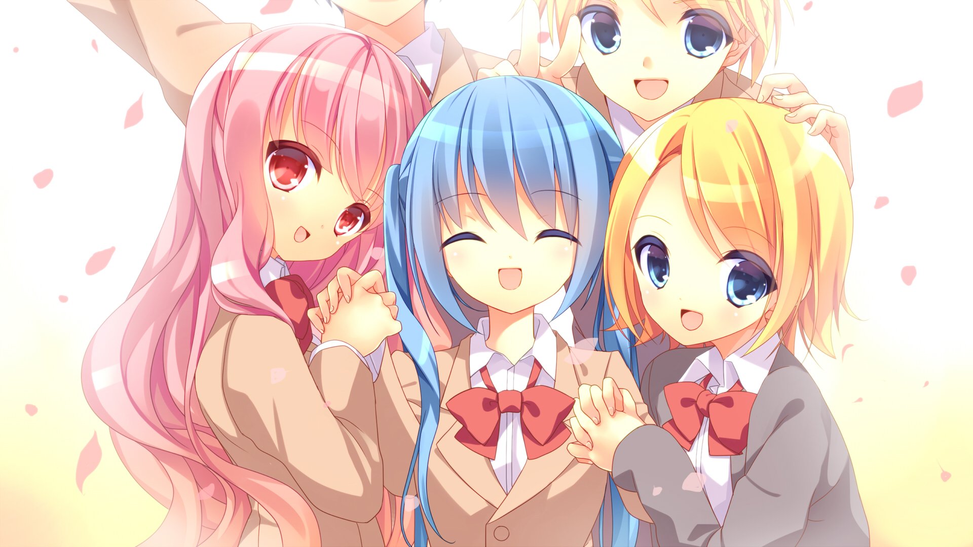 HD desktop wallpaper featuring anime characters Luka Megurine, Len Kagamine, Rin Kagamine, and Hatsune Miku from Vocaloid, all smiling and holding hands with cherry blossom petals in the background.