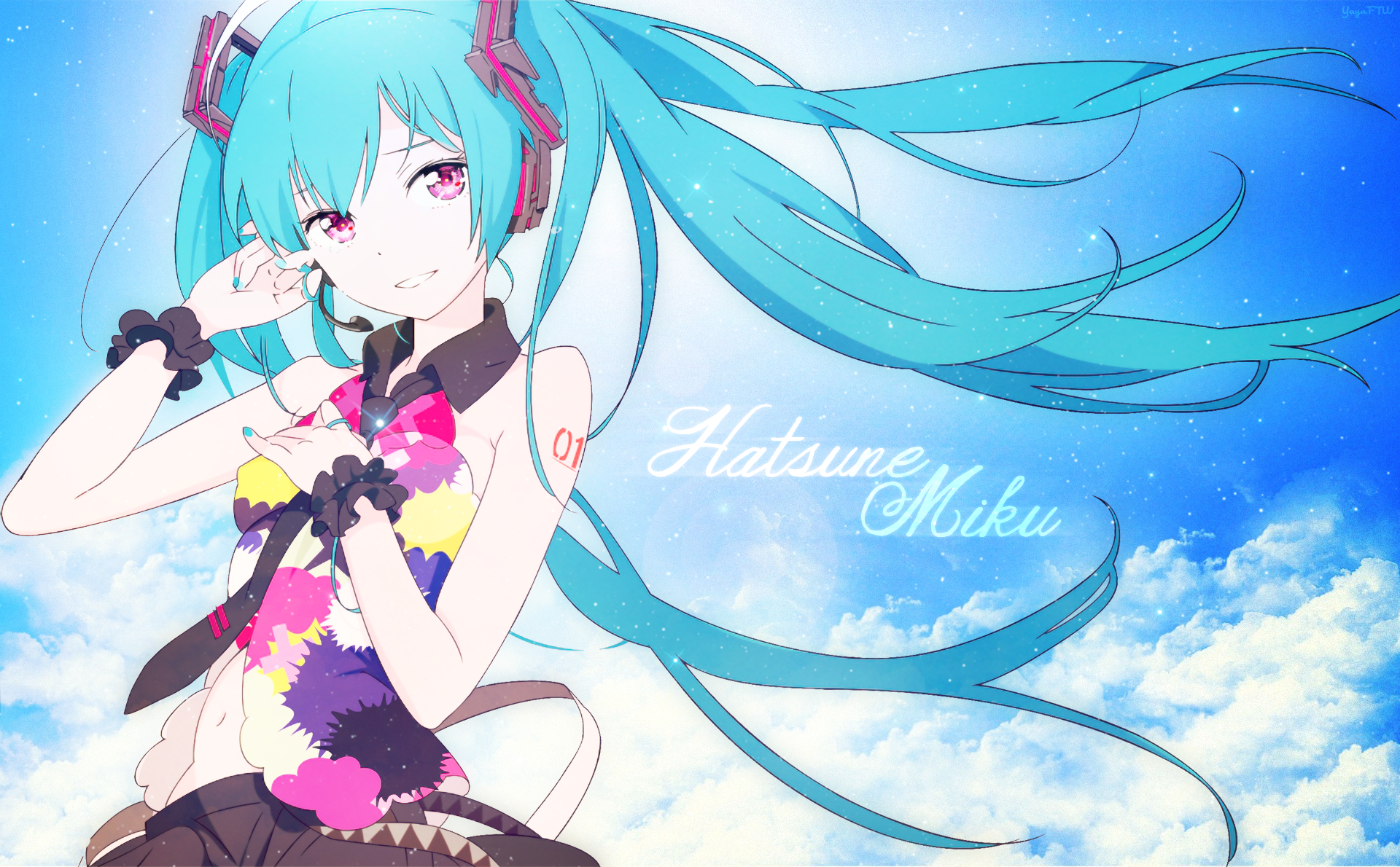 HD PC desktop wallpaper featuring Hatsune Miku, the iconic Vocaloid character, with flowing turquoise twin-tails against a bright blue sky and clouds.