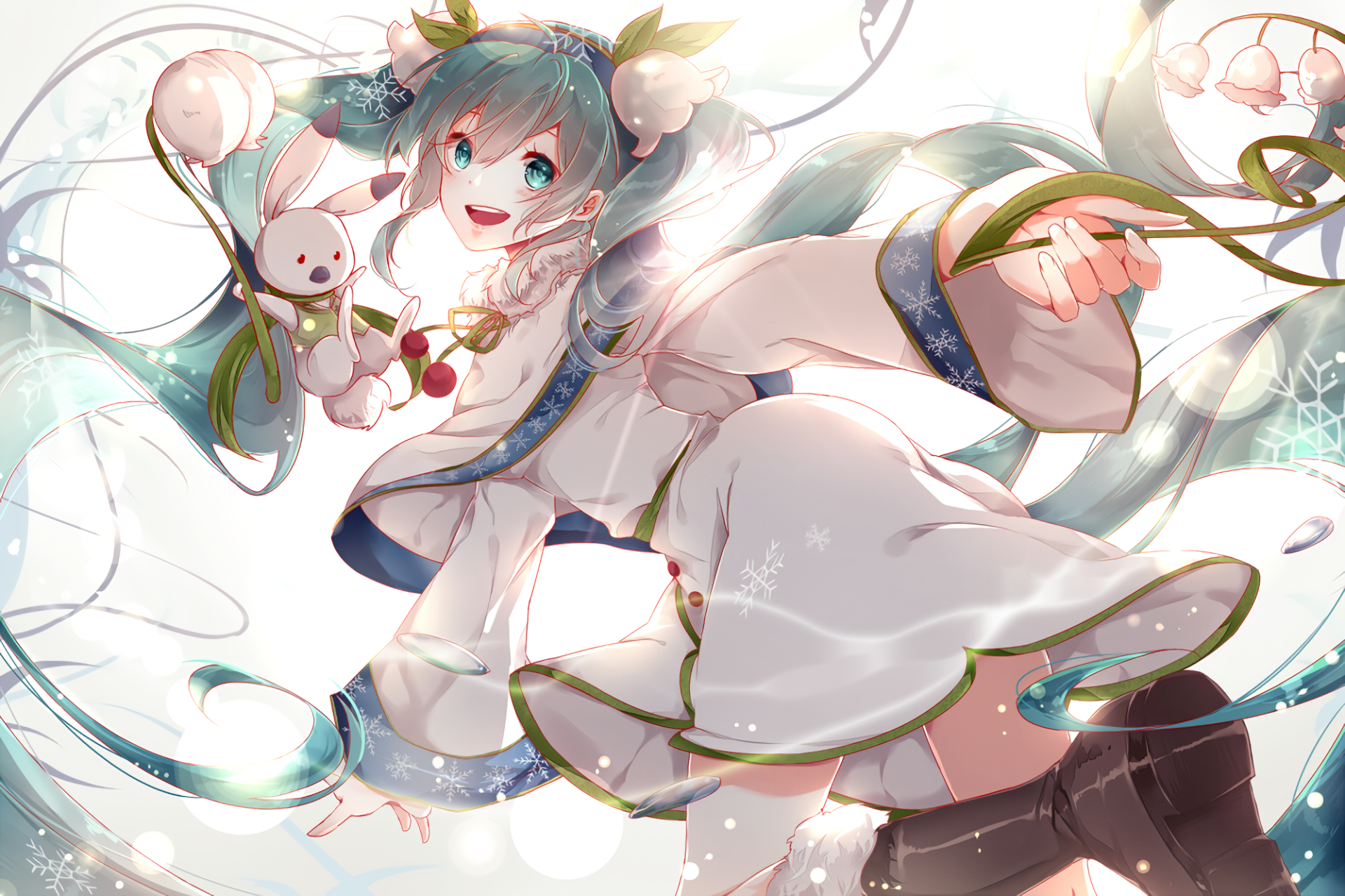 HD desktop wallpaper featuring Hatsune Miku from the anime Vocaloid, showcasing her in a cheerful pose with flowing hair and adorned in a festive outfit.