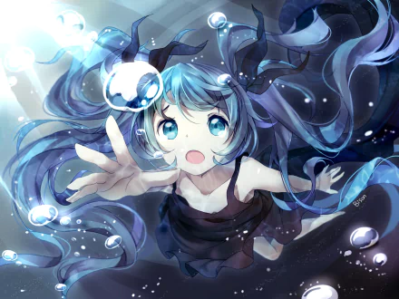 HD desktop wallpaper featuring Hatsune Miku from the Vocaloid series in an anime art style, portraying her with blue hair and eyes underwater, reaching upwards as bubbles surround her.