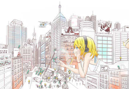 HD PC desktop wallpaper/background: Vocaloid Rin Kagamine in anime style, giant in a detailed cityscape wearing headphones, observing and pointing at tiny bustling street scenes.