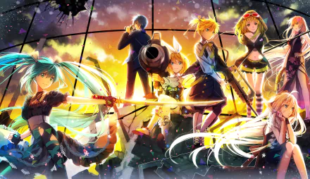 HD desktop wallpaper featuring Vocaloid characters Kaito, Luka Megurine, IA, GUMI, Len Kagamine, Rin Kagamine, and Hatsune Miku in an anime-themed, vibrant and dynamic background.