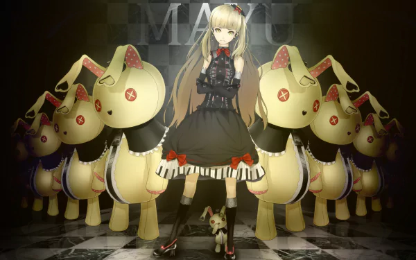 HD PC desktop wallpaper background of Mayu (Vocaloid), an anime Vocaloid in a gothic dress surrounded by oversized toy rabbits on a checkered floor.