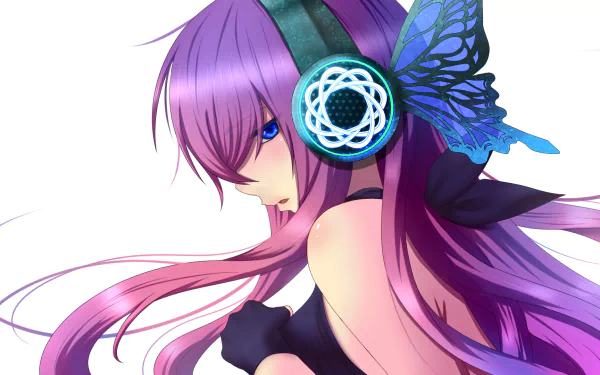 HD anime desktop wallpaper featuring Luka Megurine from Vocaloid, inspired by the song Magnet, with vibrant purple hair and blue butterfly-themed headphones.