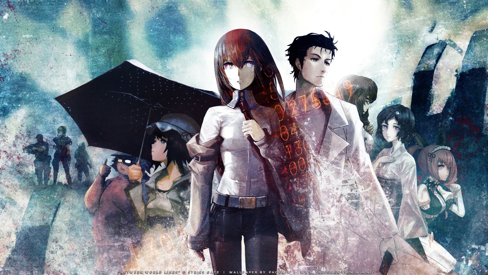 HD desktop wallpaper featuring characters from the anime Steins;Gate, showcasing a dynamic and atmospheric composition with key figures set against a sci-fi inspired background.