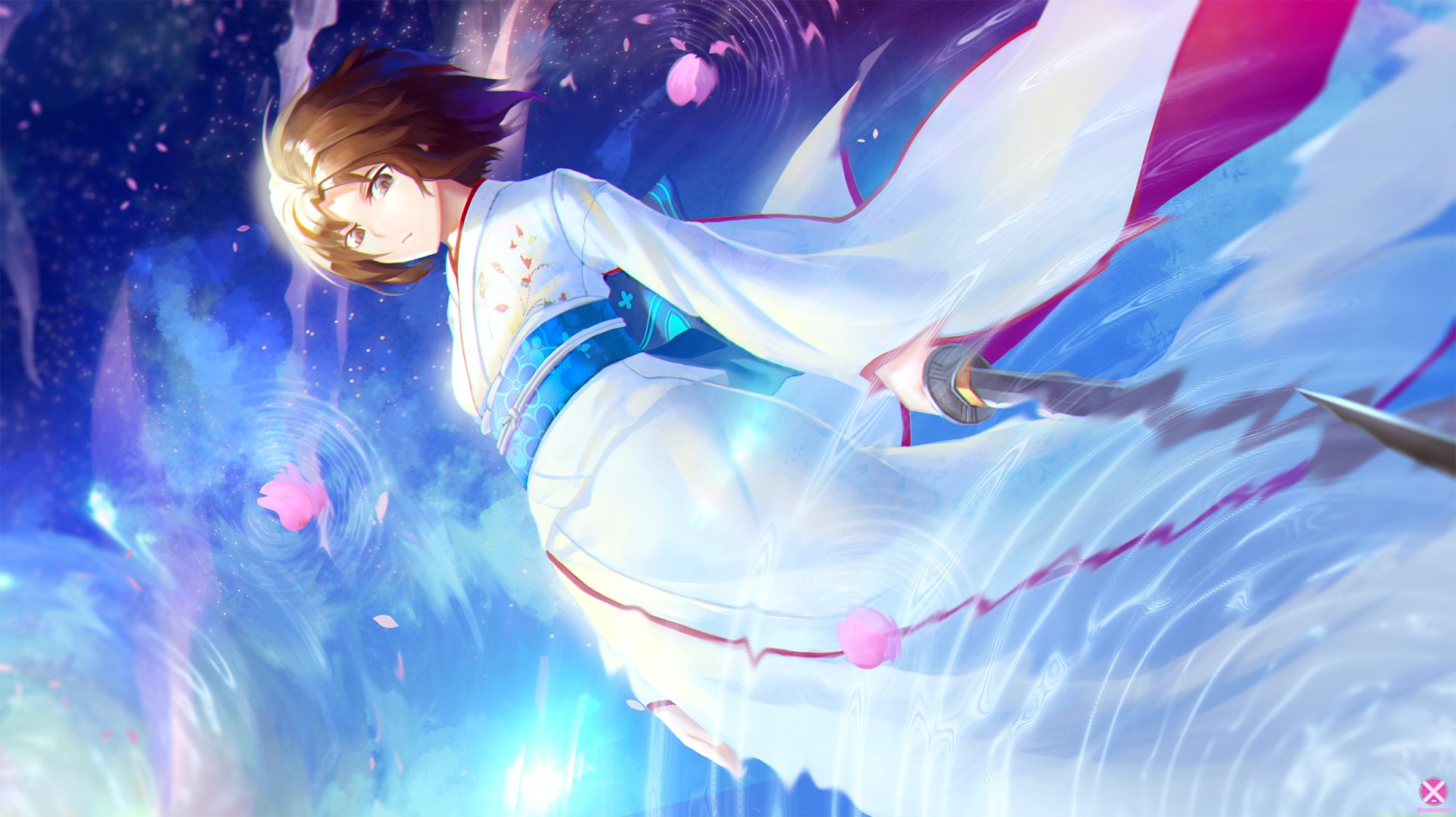 HD desktop wallpaper featuring Shiki Ryougi from Kara no Kyōkai in an ethereal scene with elements of Fate/Grand Order. The character is depicted wearing a kimono, surrounded by a magical atmosphere.