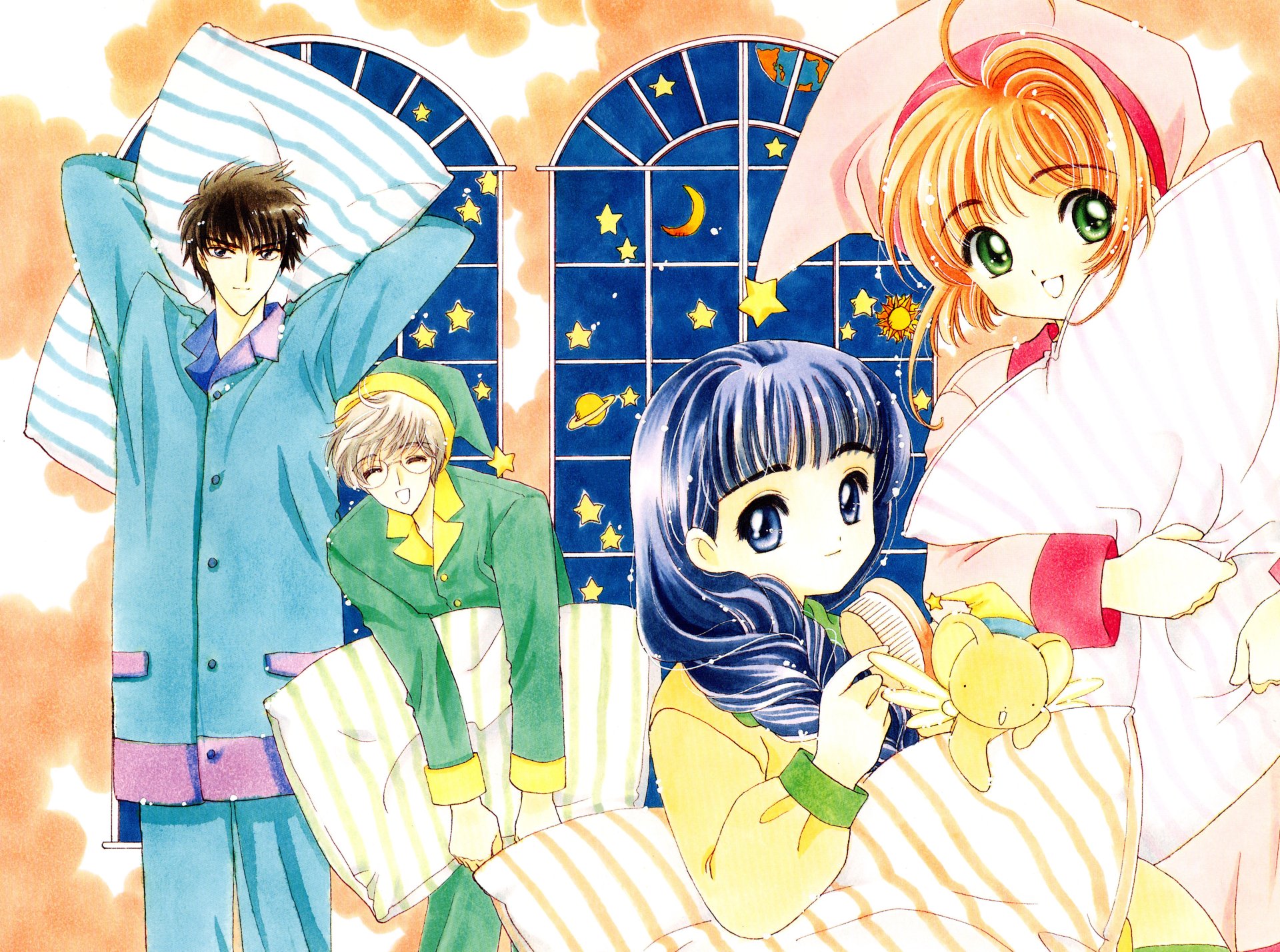 4K Ultra HD Cardcaptor Sakura desktop wallpaper: Sakura Kinomoto, Tomoyo Daidouji, Yukito Tsukishiro, Toya Kinomoto and Keroberos in cozy pajamas by a starry window.