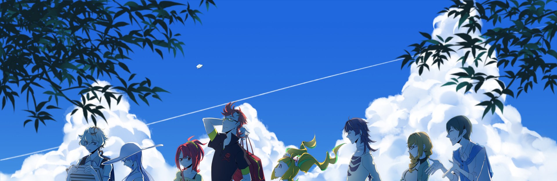 HD PC desktop wallpaper featuring anime characters from Kiznaiver standing under a vibrant blue sky with clouds and leafy branches framing the scene.