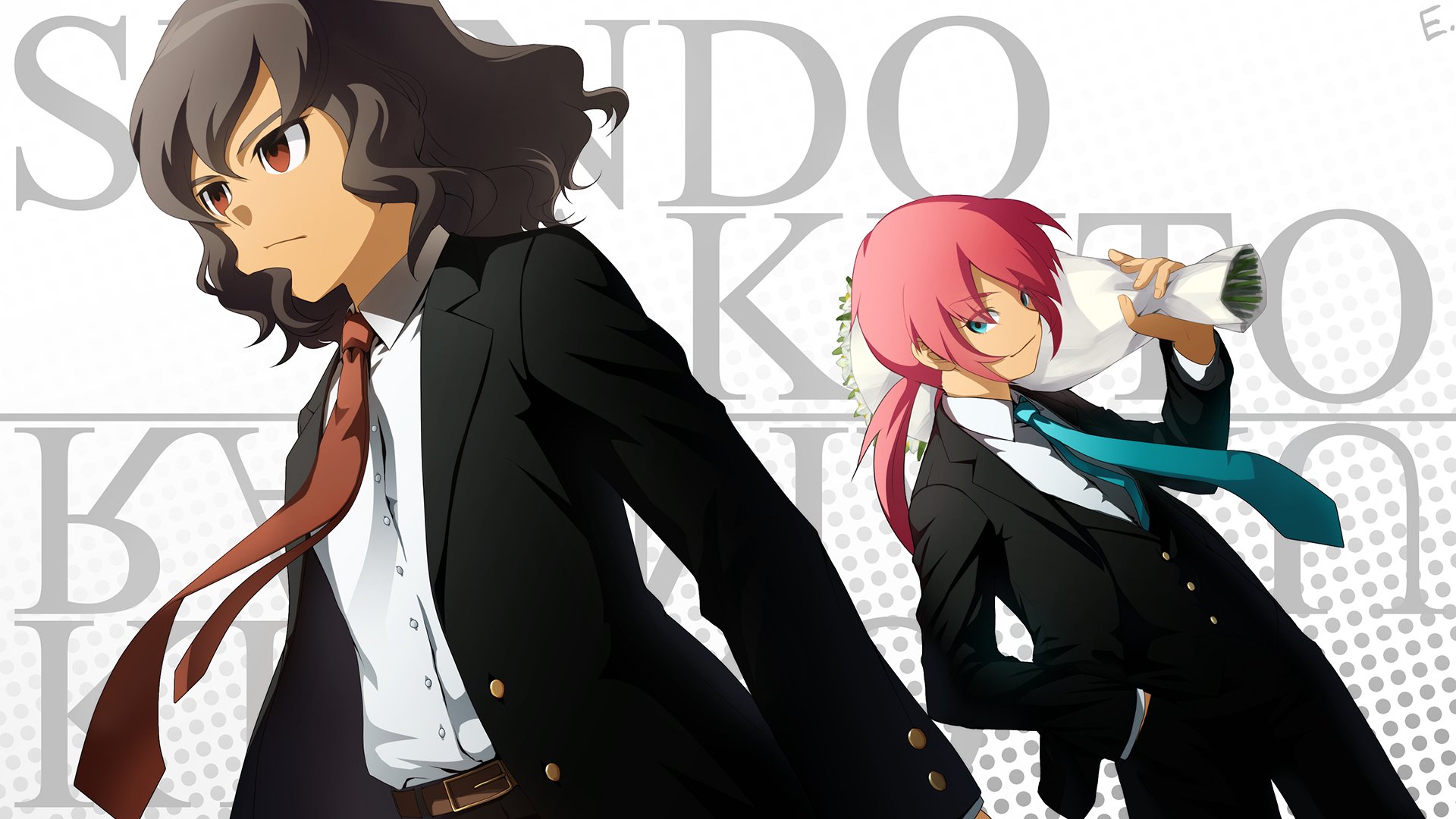 HD PC desktop wallpaper featuring two anime characters from Inazuma Eleven dressed in formal black suits with ties, set against a white background with stylized text.