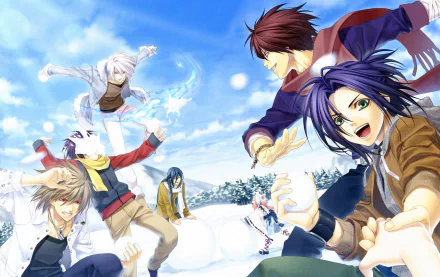 An 8K Ultra HD anime desktop wallpaper featuring Takuma Onizaki, Inukai Shinji, Suguru Oomi, Ryou Kutani, Yuuichi Komura, and Mahiro Atori from Hiiro No Kakera in a snowy scene.