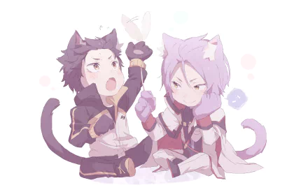 HD desktop wallpaper featuring Julius Juukulius and Subaru Natsuki from Re:Zero - Starting Life in Another World. The anime characters are depicted with cat ears and tails in a playful setting.