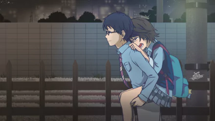 HD desktop wallpaper featuring a scene from the anime Your Lie in April, showing a boy giving a girl a piggyback ride against a night-time urban backdrop.
