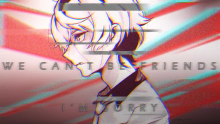 HD desktop wallpaper of Katsuhira Agata from the anime Kiznaiver features a side profile with a distorted effect and the text, WE CAN'T BE FRIENDS. I'M SORRY over a red and blue abstract background.