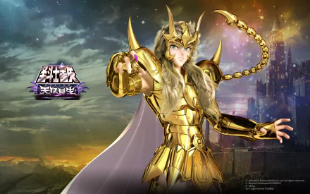HD PC desktop wallpaper featuring Virgo Shaka from the anime Saint Seiya, depicted in golden armor with a cosmic background and cityscape.
