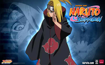 HD desktop wallpaper featuring Deidara from the anime Naruto Shippuden, with Deidara in his Akatsuki robe against a blue background, showcasing the title logo.