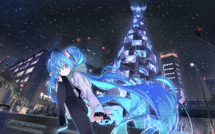 Anime-style Hatsune Miku with blue hair and eyes poses in a snowy city at night, featuring Christmas lights and a glowing blue tower in the background.