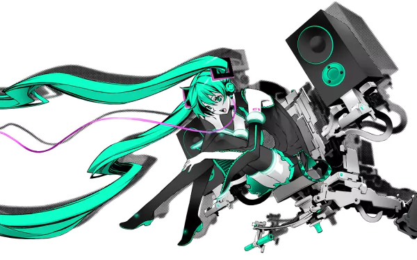 An HD desktop wallpaper featuring Hatsune Miku from Vocaloid's Love is War, shown with headphones and surrounded by speakers, blending music and cute anime aesthetics.