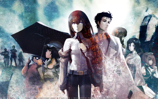 HD desktop wallpaper featuring characters from the anime Steins;Gate, showcasing a dynamic and atmospheric composition with key figures set against a sci-fi inspired background.