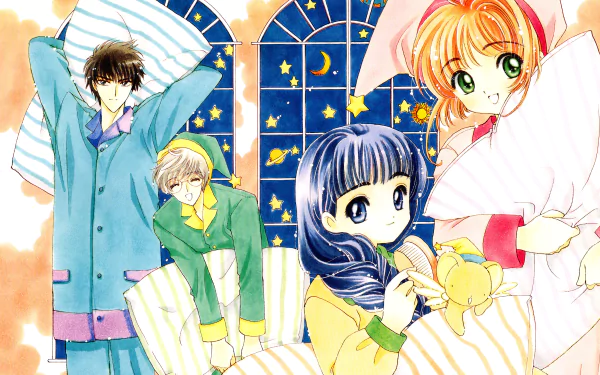 4K Ultra HD Cardcaptor Sakura desktop wallpaper: Sakura Kinomoto, Tomoyo Daidouji, Yukito Tsukishiro, Toya Kinomoto and Keroberos in cozy pajamas by a starry window.