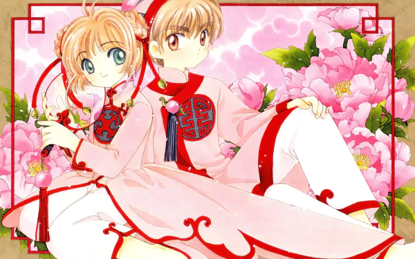 A vibrant 4K Ultra HD anime wallpaper featuring Syaoran Li and Sakura Kinomoto from Cardcaptor Sakura, surrounded by pink flowers and traditional attire.