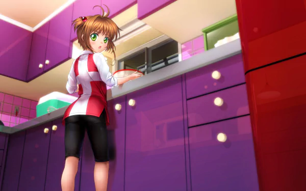Sakura Kinomoto from Cardcaptor Sakura stands in a vibrant kitchen with purple cabinets, depicted in a detailed 4K Ultra HD anime-style PC desktop wallpaper.