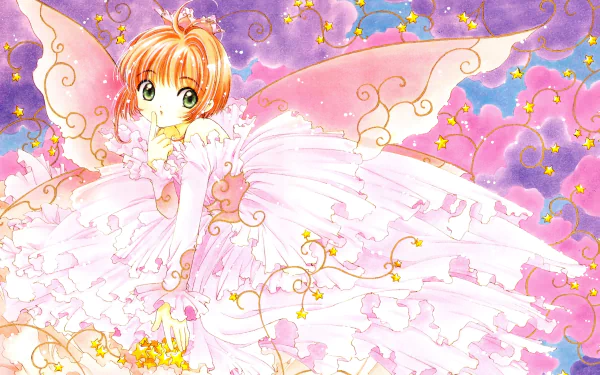 Sakura Kinomoto from Cardcaptor Sakura in a flowing pink frilled gown with translucent wings and golden sparkles against a purple sky — 4K Ultra HD PC desktop wallpaper background.
