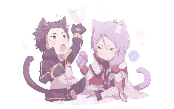 HD desktop wallpaper featuring Julius Juukulius and Subaru Natsuki from Re:Zero - Starting Life in Another World. The anime characters are depicted with cat ears and tails in a playful setting.