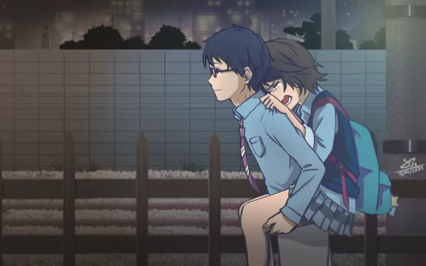 HD desktop wallpaper featuring a scene from the anime Your Lie in April, showing a boy giving a girl a piggyback ride against a night-time urban backdrop.
