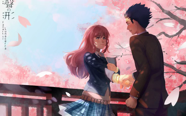 HD desktop wallpaper featuring Shouya Ishida and Shouko Nishimiya from the anime A Silent Voice, set against a backdrop of cherry blossoms in full bloom.
