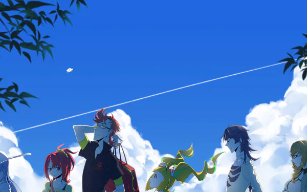 HD PC desktop wallpaper featuring anime characters from Kiznaiver standing under a vibrant blue sky with clouds and leafy branches framing the scene.