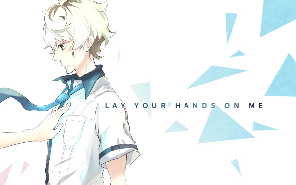 HD PC desktop wallpaper featuring an anime-style character from Kiznaiver with white hair, a blue tie, and the text LAY YOUR HANDS ON ME against a geometric background.