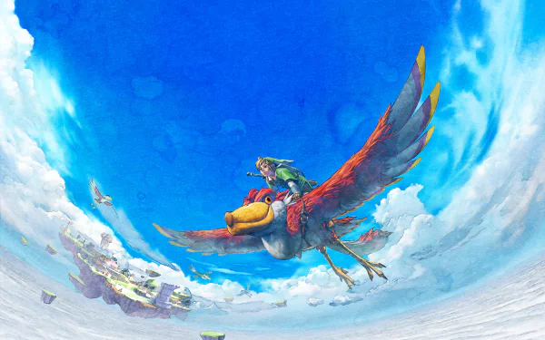 Link from The Legend of Zelda: Skyward Sword rides a large bird above floating islands under a bright blue sky in this 8K Ultra HD PC desktop wallpaper.
